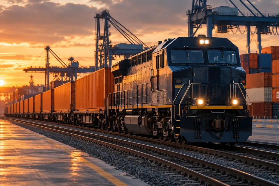 Demiryolu hattında ilerleyen konteyner treni; demiryolu taşımacılığı ile uzun mesafe sevkiyat