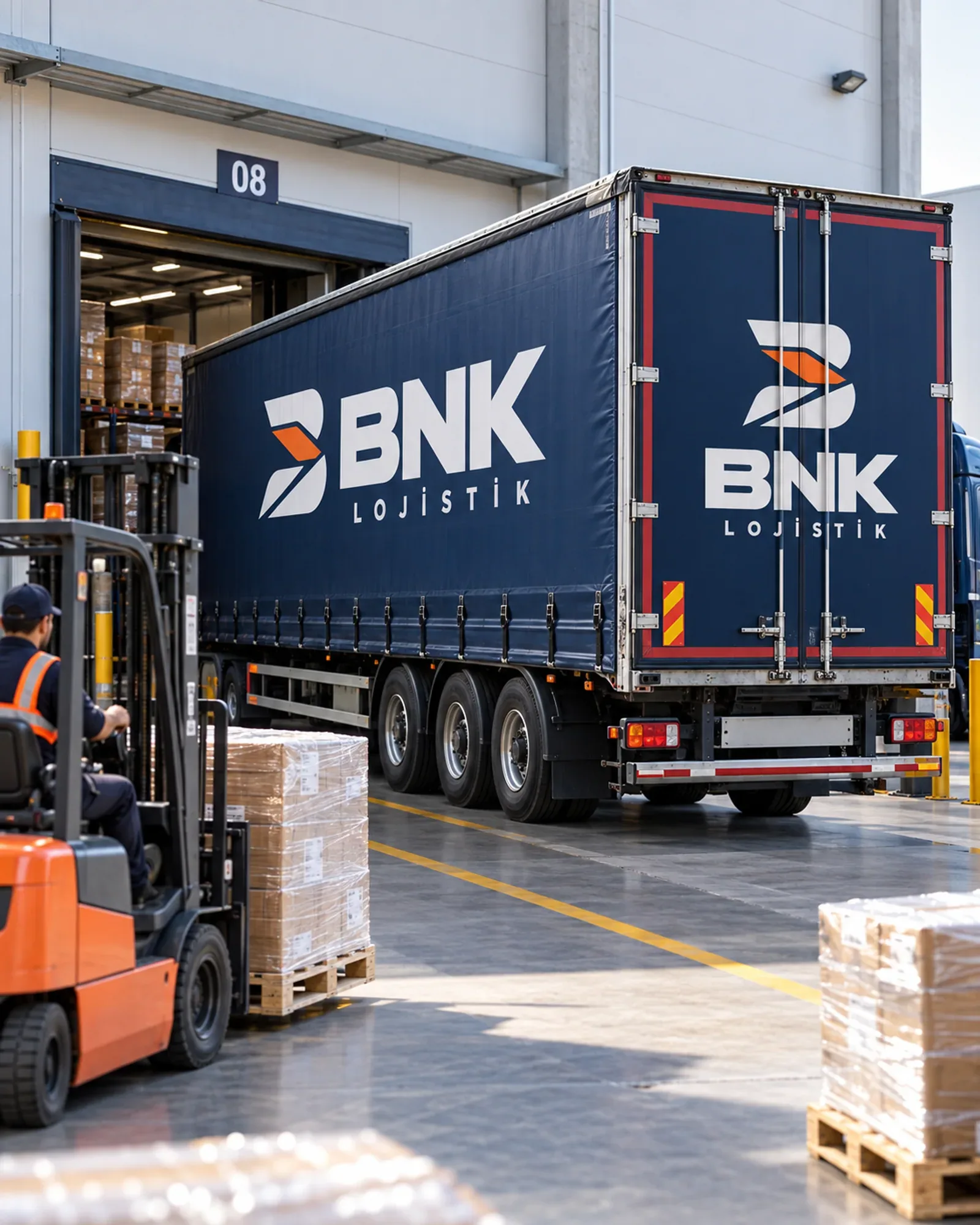 Yükleme rampasında parsiyel taşımacılık için paletleri BNK dorsesine yükleyen forklift